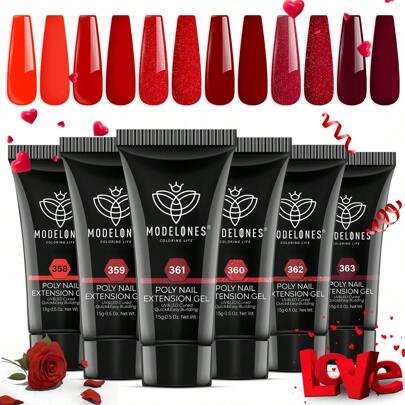 Modelones Poly Nail Gel Set, 6 Colors Popular Red Collection Bright Wine Burgandy Glitter Poly Extension Gel Dark Bloody Red Builder Gel For Starter Home DIY Manicure Nail Art Valentine'S Day Gift