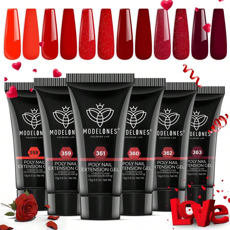 Modelones Poly Nail Gel Set, 6 Colors Popular Red Collection Bright Wine Burgandy Glitter Poly Extension Gel Dark Bloody Red Builder Gel For Starter Home DIY Manicure Nail Art Valentine'S Day Gift - Nhiều màu - Xem 1