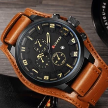 1pc Men's Mocha Wide Leather Strap Quartz Watch With Round Dial, Fashionable And Cool, Suitable For Daily Wear - Mocha Brown - View 2