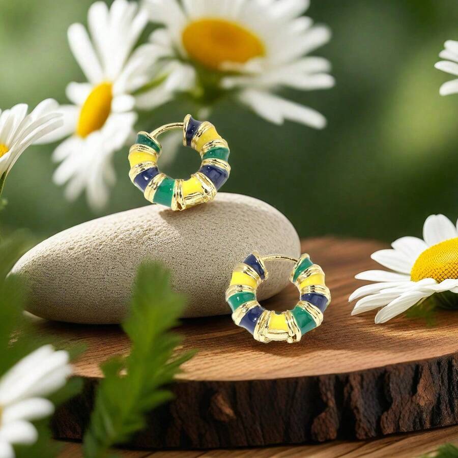 2024春季歐式風格銅滴釉耳環1對,純銅工藝製作,春天的顏色。適合女性春節/大學/商業/節日/派對/日常佩戴 - 女孩氣息艷麗色彩銅耳環 - 查看 1