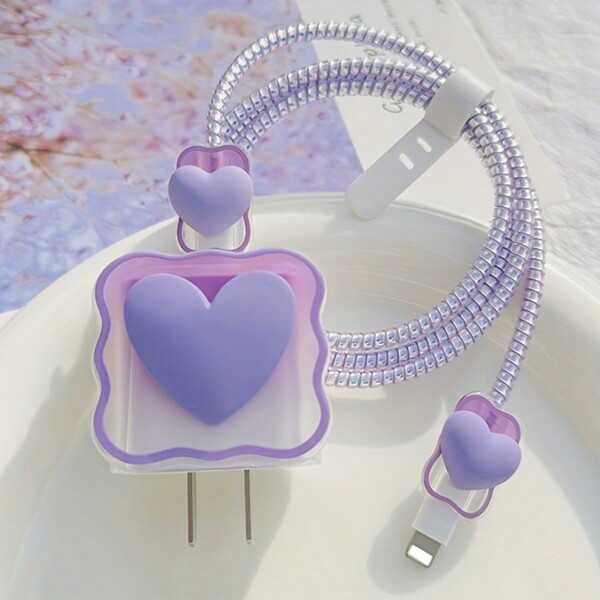 5pcs/Set 3D Heart Cartoon Wave Pattern Protective Case + 20W/18W Charger + Phone Data Cable Protector, Compatible With Apple Chargers Charger Protector