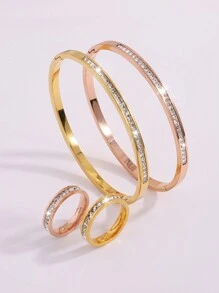 4 Pcs Of Light Luxury Design Advanced Simple Stainless Steel Single Row Drill Bracelet Ring Suitable For Holiday Gifts Friends