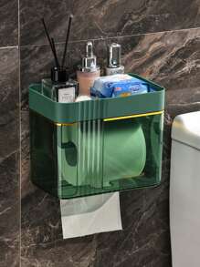 1pc Wall-Mounted Clear Tissue Box, Bathroom Towel Storage Box, Makeup Organizer Shelves - Dark Green - View 1