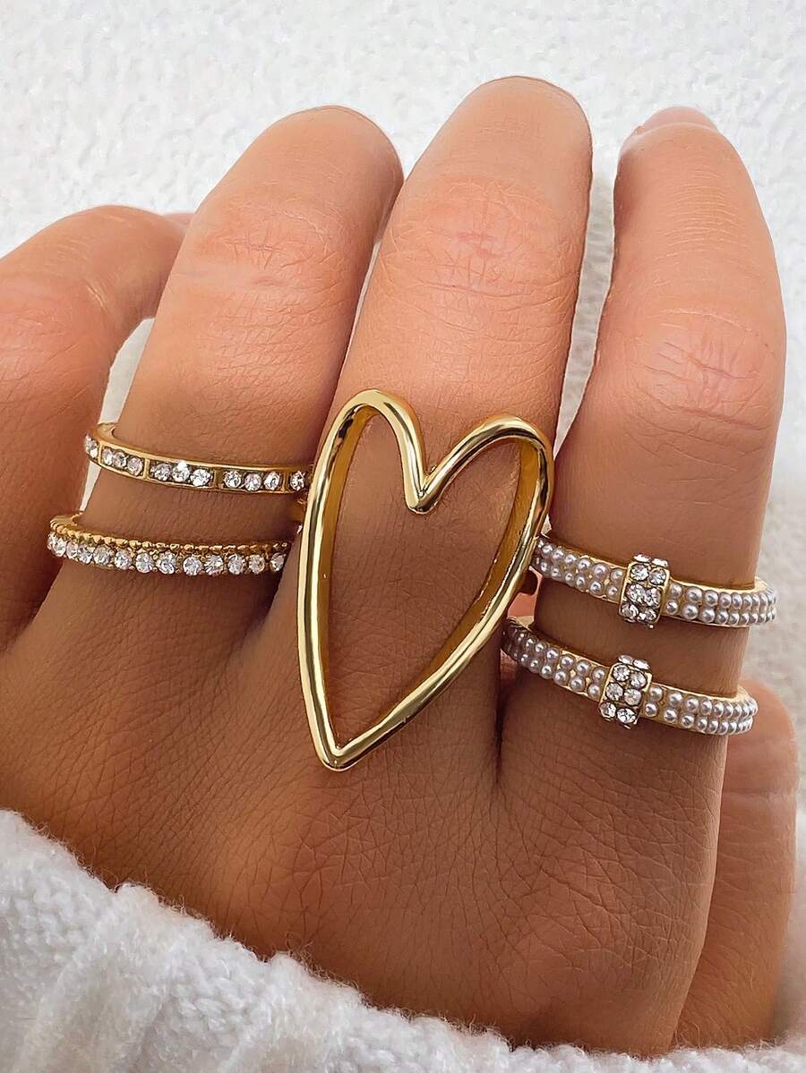 5pcs Pearl Love Ring Set - Yellow Gold - View 1