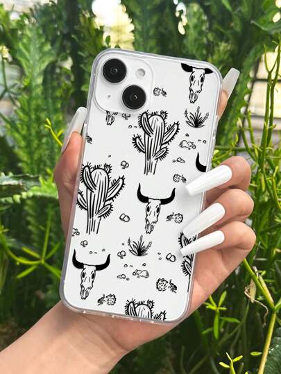 حافظة هاتف شفافة بنمط الصبار والبقرة باللونين الأسود والأبيض متوافقة مع هاتف Iphone