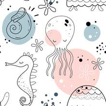 Boho Seabed Vinyl Wallpaper Self-Adhesive Seahorse Shells Stars Bubbles - White - View 4