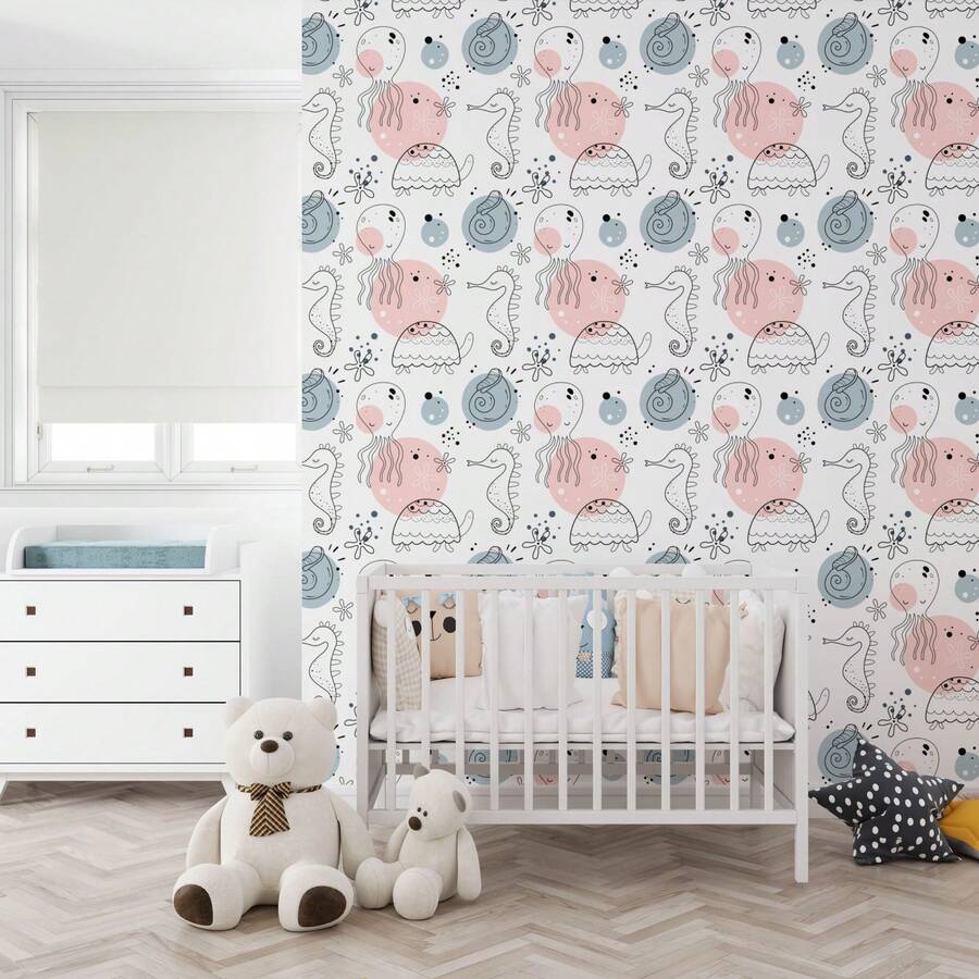 Boho Seabed Vinyl Wallpaper Self-Adhesive Seahorse Shells Stars Bubbles - White - View 1