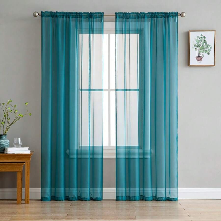 LushLane Arty Sheer Voile Window Treatment Rod Pocket Curtain Panels For Living Room, Dining Room, Or Bed Room (Set Of 2) - Màu xanh mòng két - Xem 1