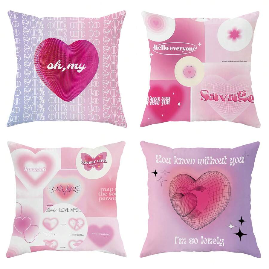 4入組情人節心形拼貼粉色抱枕套,情人節y2k女孩抱枕套,絲絨裝飾靠墊套45*45cm/18吋*18吋,適用於情人節派對,客廳,臥室,沙發床裝飾禮品 - 粉色 - 查看 1