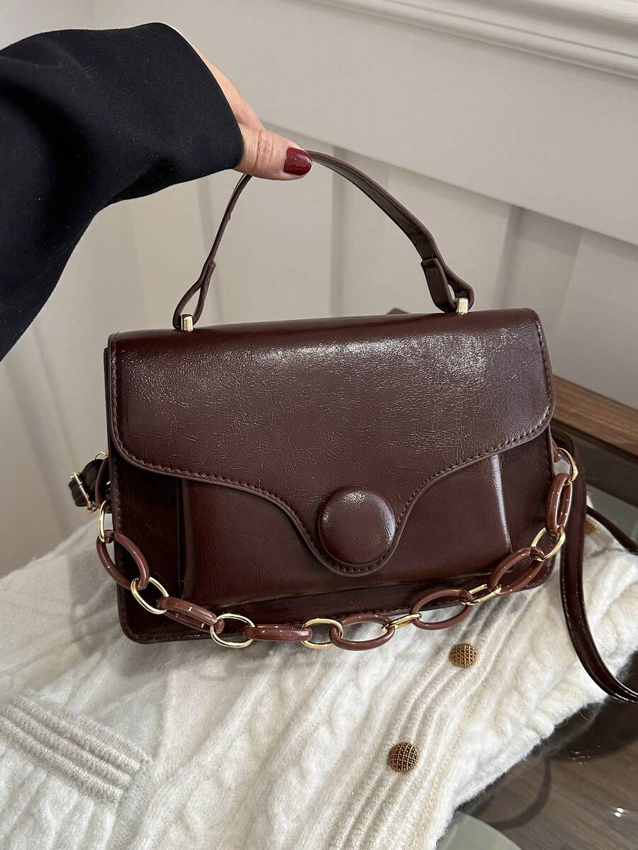 Đúng mốt Màu thuần chất liệu da PU Túi xách tay Với Flip Che phủ , Chuỗi Dây đeo , Khóa Clasp , Linh hoạt Của phụ nữ Túi đeo vai - Cà phê nâu - Xem 1