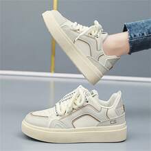 百搭女鞋新款舒适透气单鞋韩版休闲运动鞋平底系带小白鞋防滑散步鞋 - 卡其色 - 查看 5