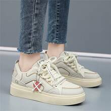 百搭女鞋新款舒适透气单鞋韩版休闲运动鞋平底系带小白鞋防滑散步鞋 - 卡其色 - 查看 8