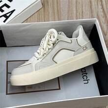 百搭女鞋新款舒适透气单鞋韩版休闲运动鞋平底系带小白鞋防滑散步鞋 - 卡其色 - 查看 3