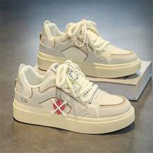 百搭女鞋新款舒适透气单鞋韩版休闲运动鞋平底系带小白鞋防滑散步鞋 - 卡其色 - 查看 2