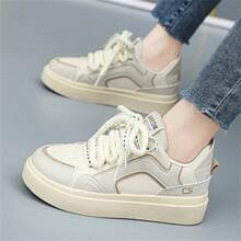 百搭女鞋新款舒适透气单鞋韩版休闲运动鞋平底系带小白鞋防滑散步鞋 - 卡其色 - 查看 6