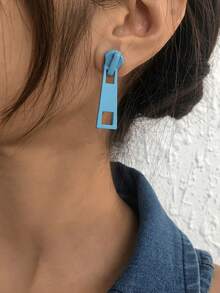 2pcs Fashionable And Creative Zipper Deco Metal Screw Back Stud Earrings Suitable For Women's Daily Wear - Blue - View 3