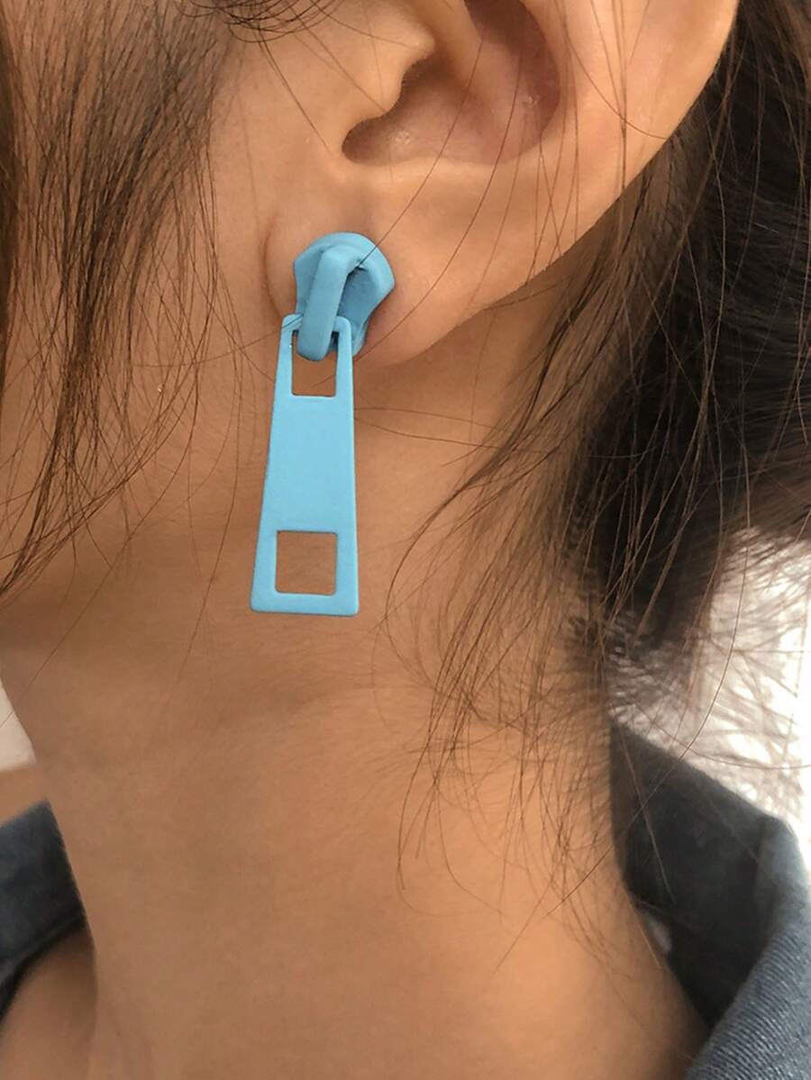 2pcs Fashionable And Creative Zipper Deco Metal Screw Back Stud Earrings Suitable For Women's Daily Wear - Blue - View 1