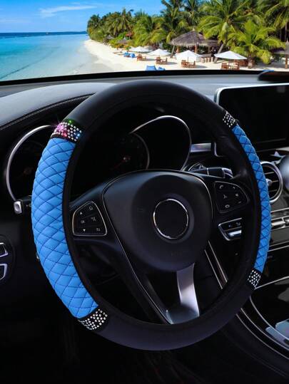 1 Stück Lederne Stickerei- Und Strassverzierung Bunter Auto Lenkradabdeckung, Rutschfest, Passend Für Durchmesser Von 14,5-15 Zoll