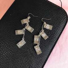 1對時尚多變的復古美元女式垂墜耳環,嘻哈風格打印長流蘇吊墜 - 復古銀色 - 查看 7