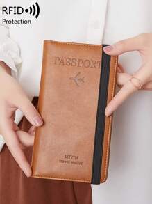 MIYIN Minimalist PU Leather RFID Blocking Passport Cover Travel Card Holder Wallet Multifunctional Passport Wallet With Card Slot,Airplane & Letter Pattern Passport Case,For Travel, Flight,Go Abroad,Travel Accessories,For Men And Women,Brown - Brown - View 6