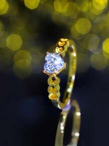 1pc Fashionable Minimalist Heart Shaped Cubic Zirconia Ring For Women, Perfect For Valentine Date & Gift Giving - White - View 1