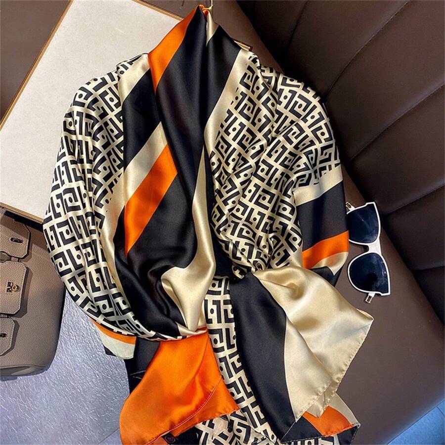1pc 180cmx85cm Outdoor Sunscreen Shawl For Women, Fashionable Printed Scarf, Four Seasons Windproof Sand Shawl, Line & Floral Pattern, Color-Blocked Design With Yellow, Black, Coffee, Brown, Soft & Warm Headscarf Elegant Bandana,Hair Band,Head Band Ideal For Dressing Up Your Look Winter Fall - Orange - View 1