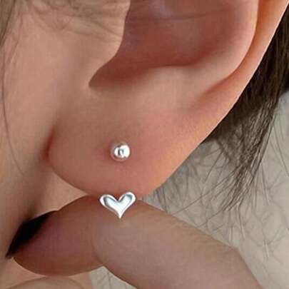 Bông tai trang sức hạt hình trái tim và hình học hình trụ bất đối xứng & không đối xứng bằng bạc Sterling S925 tinh tế sáng tạo với hình bướm rỗng và đinh tán hình quả bóng