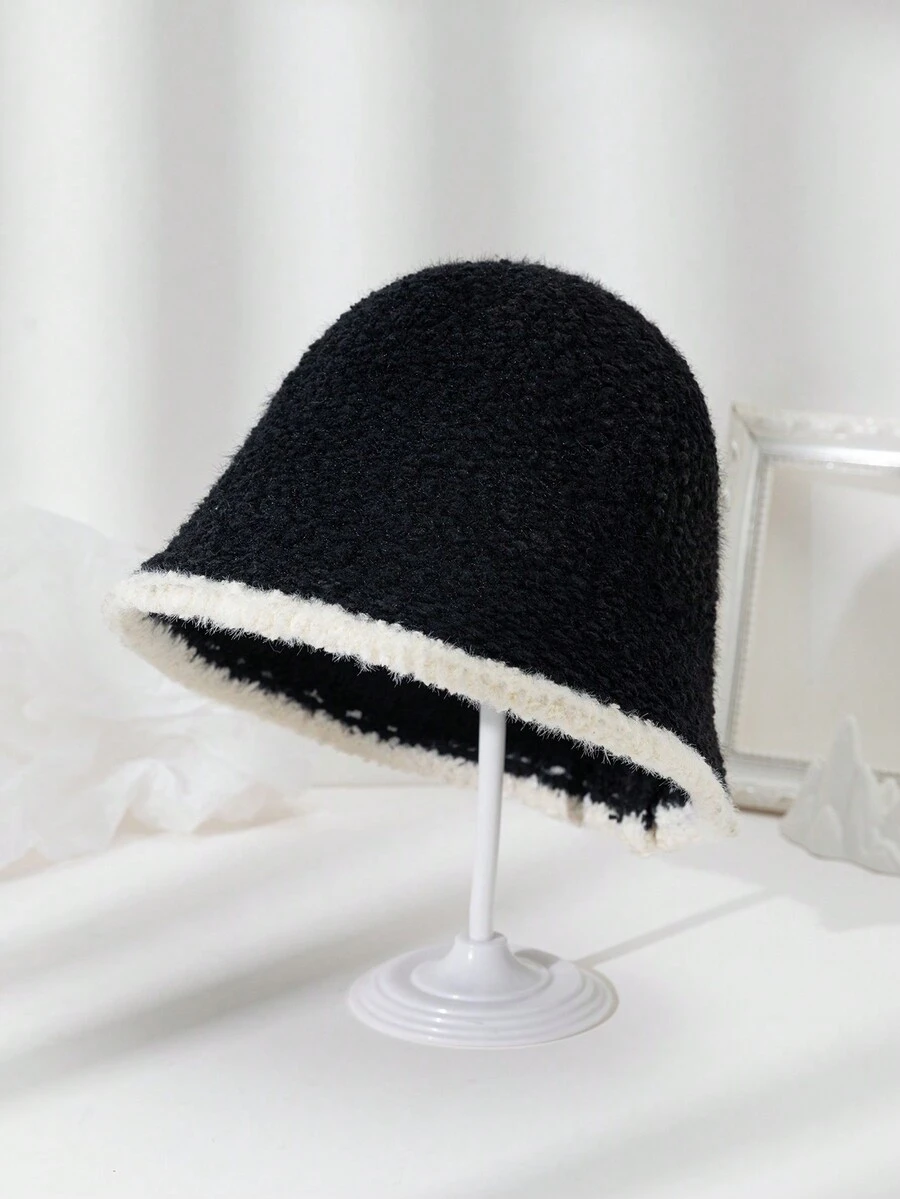 1pc Women's Sunshade, Windproof, Warm And Casual Bucket Hat With Circle Yarn Patchwork And Frayed Edge - Black - View 1
