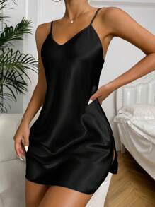 1pc Women's Solid Color Comfortable Modal Split Hem Nightgown With Spaghetti Straps - Black - View 4