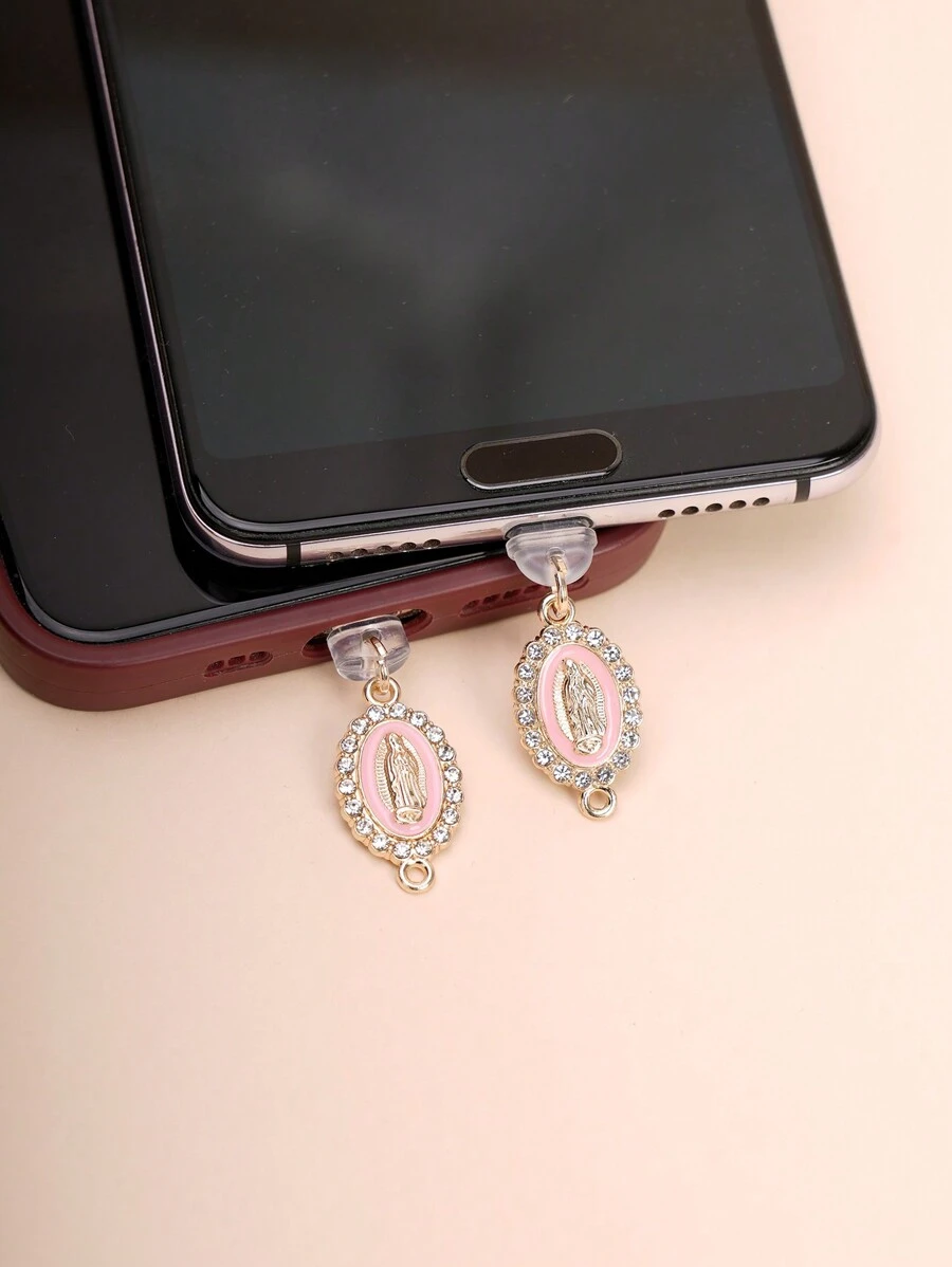 1pc DIY Pink Rhinestone Virgin Mary Pendant, Phone Dust Plug Compatible With IPhone/Type C/Android/Charging Port Plug - Pink - View 1