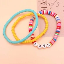 3pcs/Set Bohemian Style Random Color Polymer Clay Love, Letter And Beaded Bracelet Set, Gift For Girlfriend - Bracelet - View 4