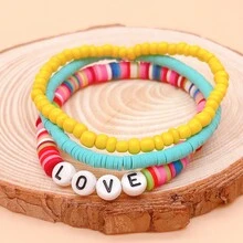 3pcs/Set Bohemian Style Random Color Polymer Clay Love, Letter And Beaded Bracelet Set, Gift For Girlfriend - Bracelet - View 2