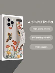 Phone Case With Strap Summer 1pc Butterfly & Flower Pattern Tpu Wristband Protective Phone Case In Beige, Compatible With Iphone, Compatible With Samsung, Compatible With Xiaomi, Compatible With Oppo, Compatible With Redmi - Multicolor - View 3