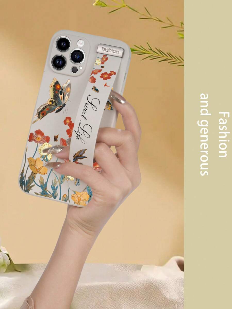 Phone Case With Strap Summer 1pc Butterfly & Flower Pattern Tpu Wristband Protective Phone Case In Beige, Compatible With Iphone, Compatible With Samsung, Compatible With Xiaomi, Compatible With Oppo, Compatible With Redmi - Multicolor - View 1