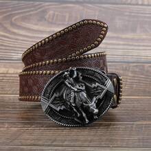 1條古董黃銅扣印花牛皮腰帶,時尚復古休閒百搭年輕人腰帶3.7cm寬 - 銀色 - 查看 7