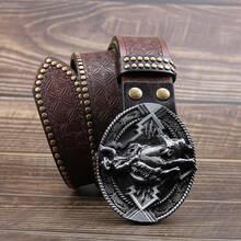 1條古董黃銅扣印花牛皮腰帶,時尚復古休閒百搭年輕人腰帶3.7cm寬 - 銀色 - 查看 6