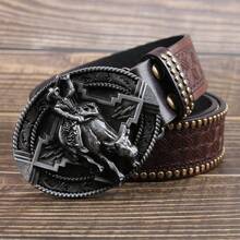 1條古董黃銅扣印花牛皮腰帶,時尚復古休閒百搭年輕人腰帶3.7cm寬 - 銀色 - 查看 9