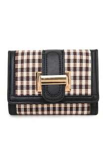 Women's Tri-Fold Short Wallet In Classic Houndstooth Pattern With Multiple Card Slots, Fashionable And Vintage - Black - View 4