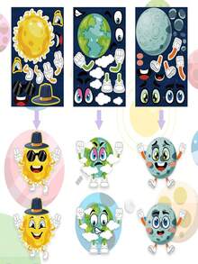 6 Packs Make-A-Face Sticker Set, Create Solar System Space Stickers, DIY Craft Facial Sticker Decorations, Make Your Own Space Stickers, Suitable For Party Supplies & Gifts (Some Accessories Color Randomly Sent) - Multicolor - View 8