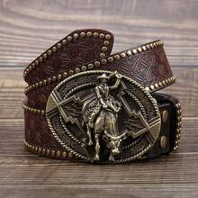 1條古董黃銅扣印花牛皮腰帶,時尚復古休閒百搭年輕人腰帶3.7cm寬 - 銀色 - 查看 1