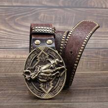 1條古董黃銅扣印花牛皮腰帶,時尚復古休閒百搭年輕人腰帶3.7cm寬 - 銀色 - 查看 2