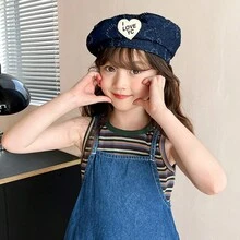 1pc Kids' Fashionable Heart Decorated Denim Beret Cap For Girls' Outdoor And Daily Use, Spring & Autumn, 3-8yrs - Black - View 4