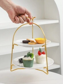 1入現代輕奢風2層陶瓷蛋糕盤,歐式折疊水果盤適用於派對點心,水果,糖果展示 - 白色 - 查看 3