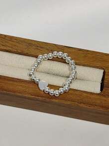 1只s925純銀心形與銀珠戒指,可調節彈性繩配戴,適合作為禮物或日常佩戴 - 銀色 - 查看 5