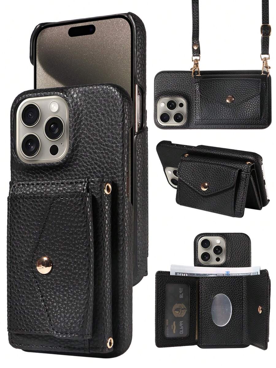 1pc Multi-Functional Cross-Body Wallet Case Compatible With Iphone 16pro, PU Leather Anti-Theft Phone Cover Compatible With Samsung - Black - View 1