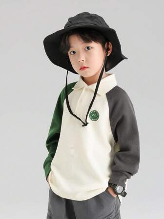 zosee Young Boy Contrast Color Letter Print Long Sleeve Polo Shirt, Autumn/Spring