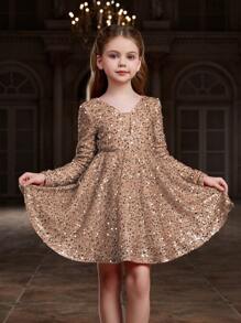 Tween Girls' V-Neck Backless Sequined A-Line Knee Length Party Dress - Khaki - View 5