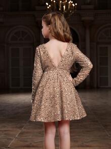 Tween Girls' V-Neck Backless Sequined A-Line Knee Length Party Dress - Khaki - View 2