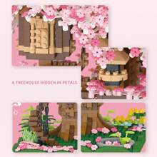 1盒櫻花樹和樹屋微型積木玩具共2008塊,桌面裝飾和女孩生日禮物 - 2028 顆粒粉紅色樹屋 - 查看 4