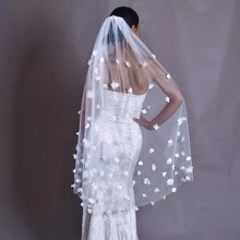 1pc Romantic 3d Flower Embellished Short 1.2m Bridal Wedding Veil With Soft Tulle, Single Layer Wedding Accessory Fall Clothes For Women - White - View 5